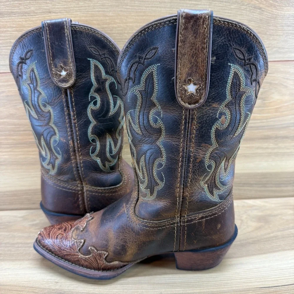 Tony Lama Vaquero Brown Western Boots Girls 12 Brown Tooled‎ Leather Rodeo Ranch